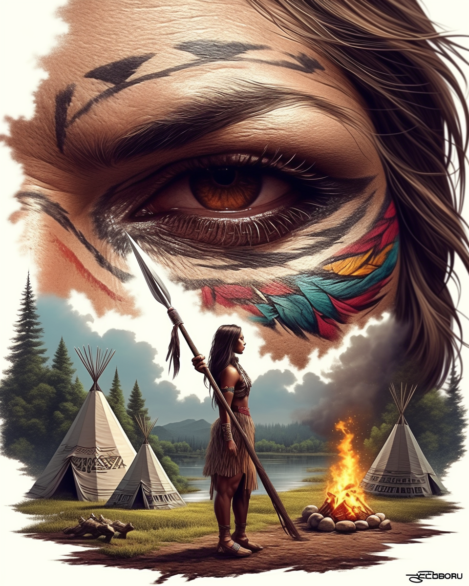 A colorful tattoo design featuring a Native American woman standing between tipi tents, holding a spear, with a campfire nearby and a quarter of a woman's face in the sky.