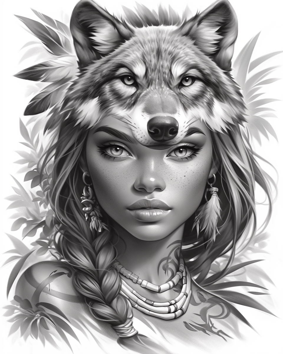 A black and gray tattoo design of a beautiful Native American woman with a wolf on her head, adorned with a stylish braid and feathers in the background, gazing sultrily forward.